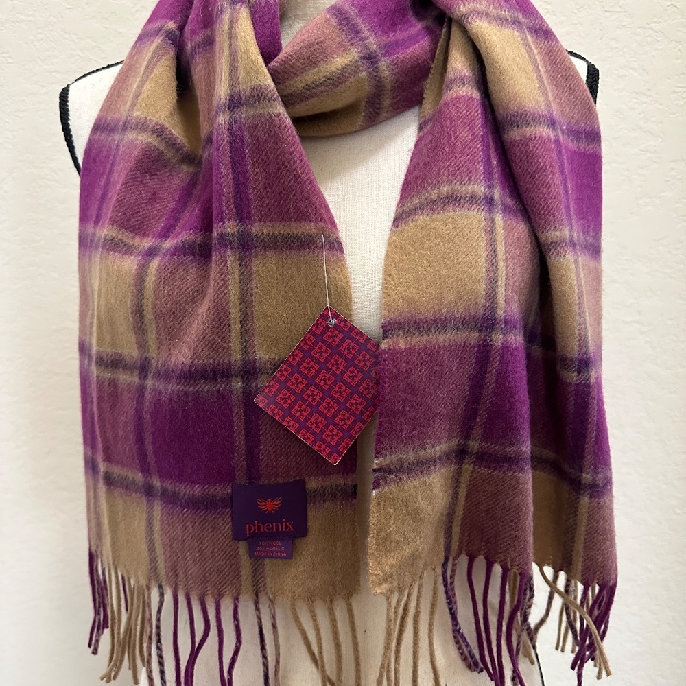 Phenix  Plaid Wool Scarf  Fringe Purple & Tan - Picture 5 of 5